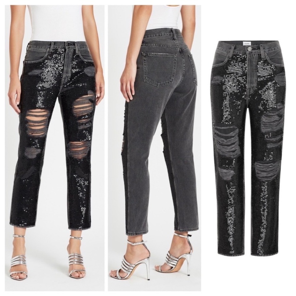 FRAME Basque Rips Black Sequin Distressed Jeans Size‎ 26 Denim High Rise Crop